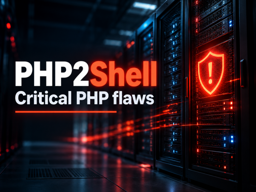 PHP2Shell critical PHP vulnerabilities headline beside a server rack with a red warning shield