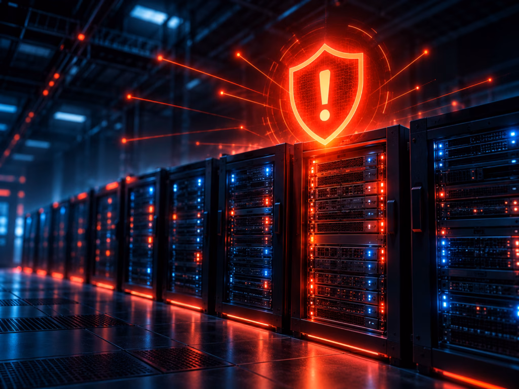 A website server rack with a glowing red warning shield, illustrating the critical PHP2Shell PHP vulnerabilities