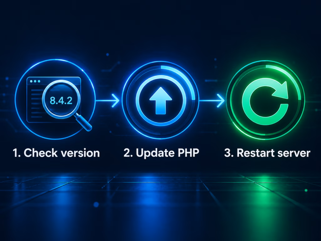 Checklist for patching PHP: check the version, update to a fixed release, restart the server