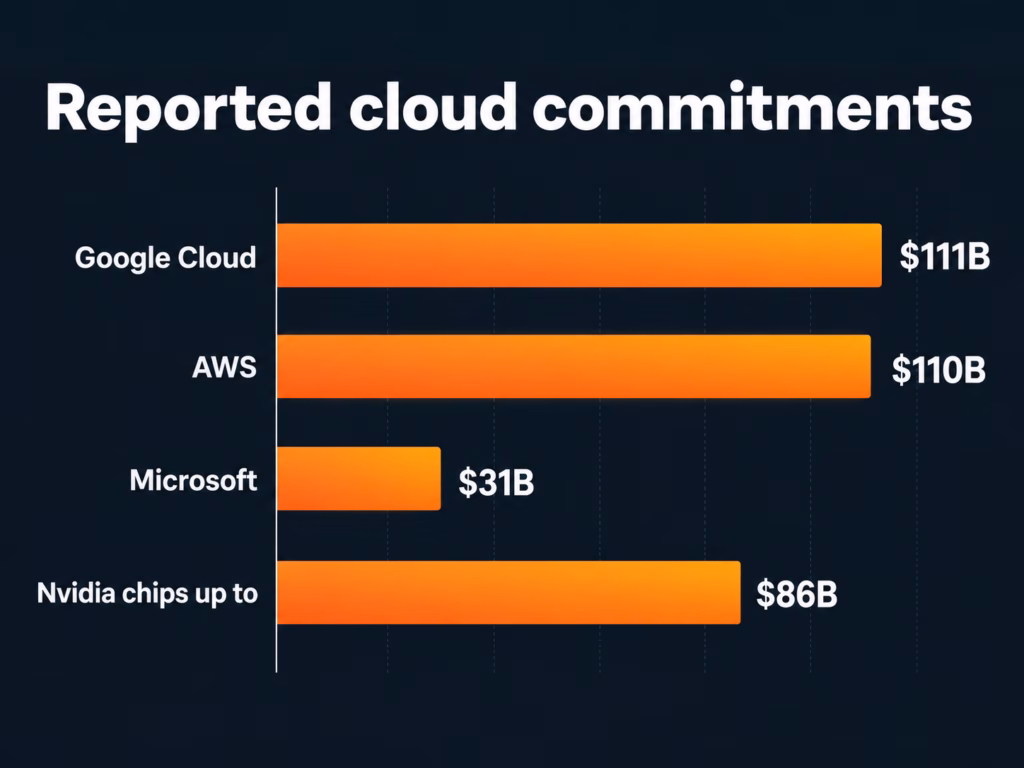 Bar chart of Anthropic's reported cloud commitments: Google $111B, AWS $110B, Microsoft $31B, Nvidia up to $86B