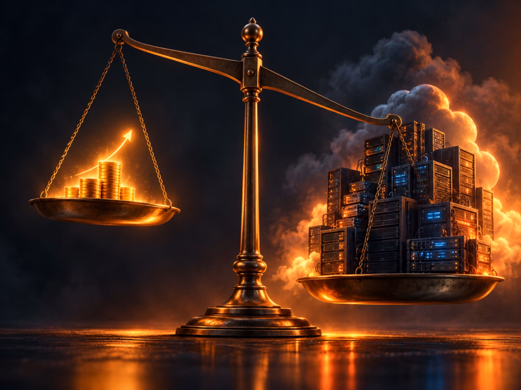 A balance scale weighing rapidly growing AI revenue against a towering stack of cloud compute commitments