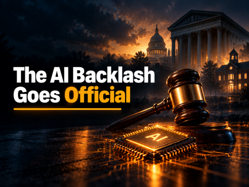 The AI backlash goes official: a gavel beside a glowing AI chip