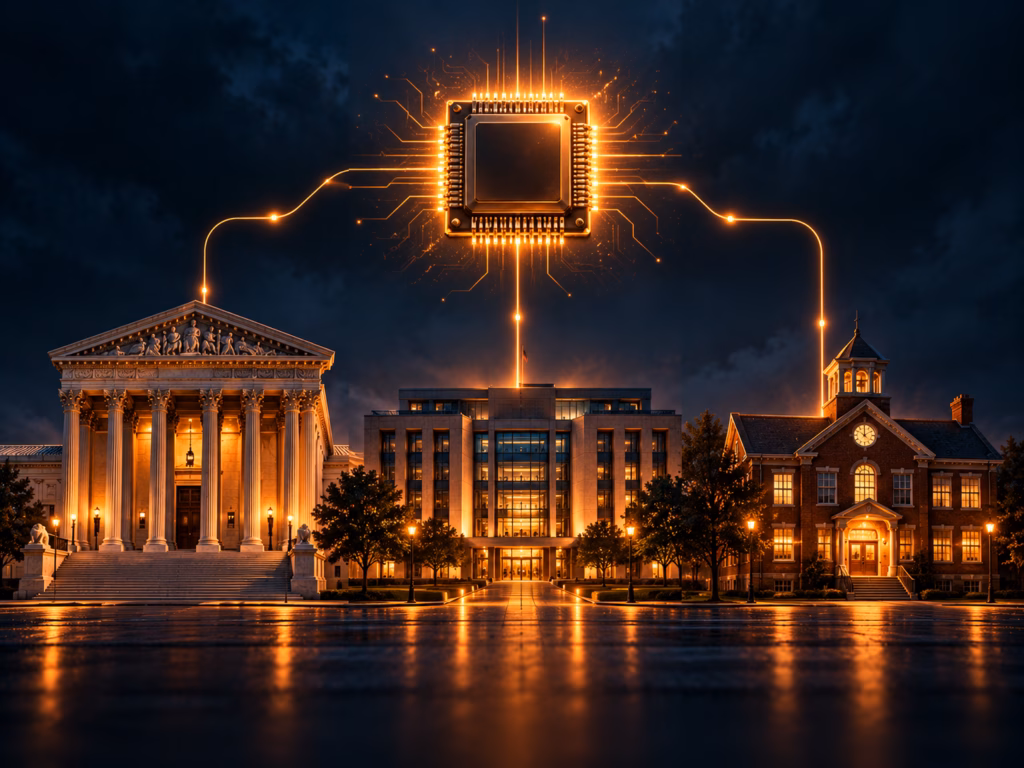 The AI backlash reaches a courthouse, a government building and a school, linked by a glowing AI chip