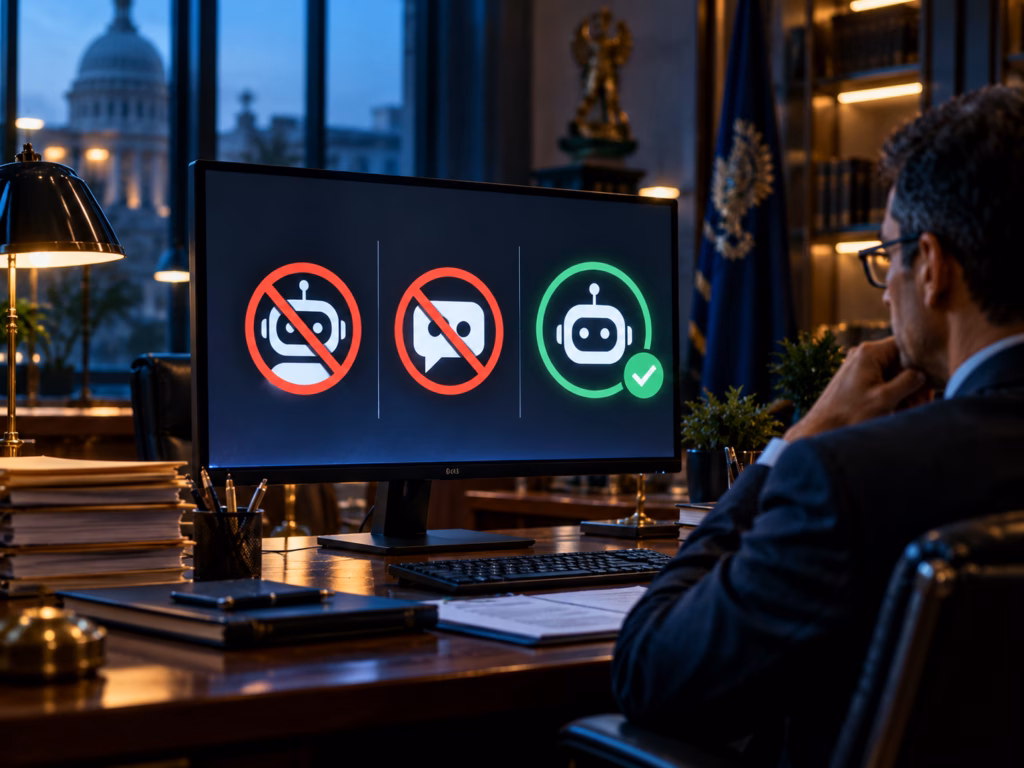 A government office computer with ChatGPT and Claude icons blocked and a single approved assistant allowed