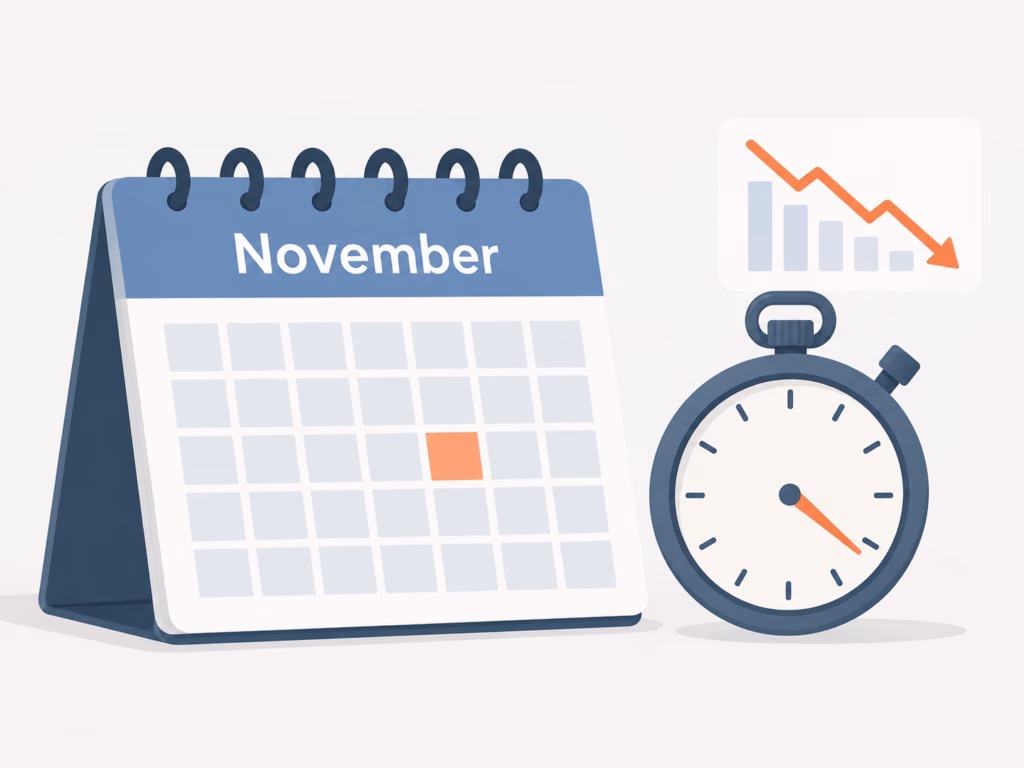 A stopwatch and calendar graphic marking a mid-November IPO target alongside falling market-share numbers