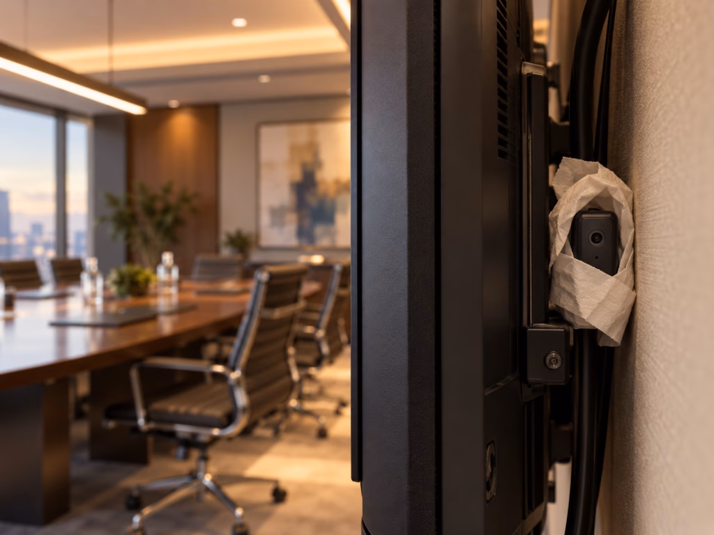 A hidden recording device wrapped in toilet paper plugged into a television in a corporate conference room